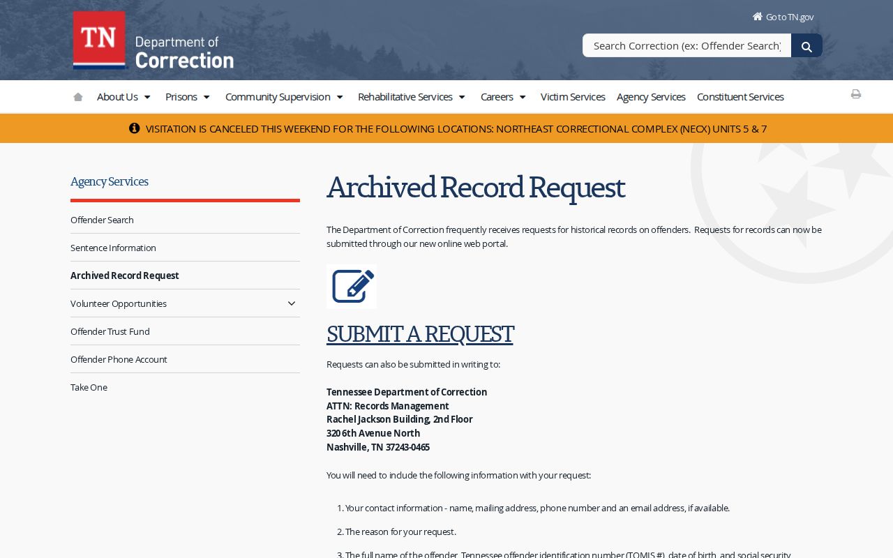 Tennessee Department of Correction archived Madison release record request